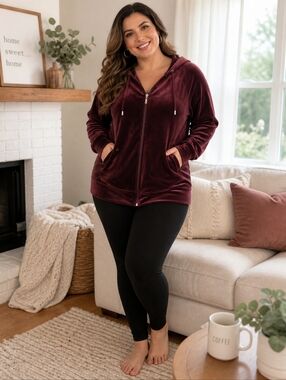 Alia Velour Hoodie XL Burgundy Full Zip Cozy Lounge
